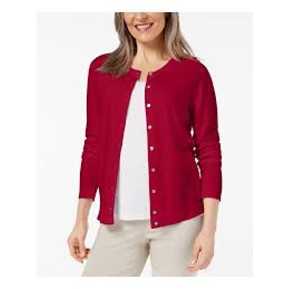 Karen Scott Cherry Red Crewneck Button Cardigan